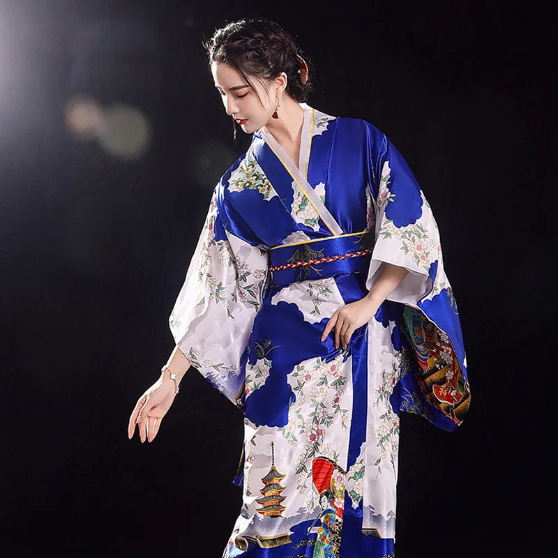 Woman Lady Japanese Tradition Yukata Satin Kimono With Obi Flower Vintage Evening Dress Cosplay Costume One Size