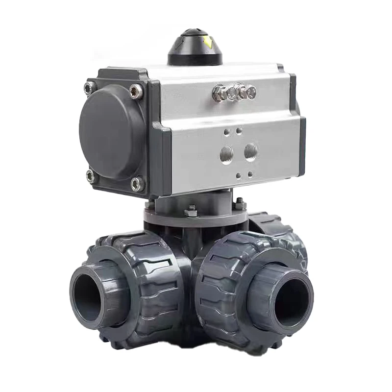 Dn50 L/T Port Pneumatic Actuator Corrosion Resistance Plastic 3 Way Air Control Double Union Socket Upvc Ball Valve