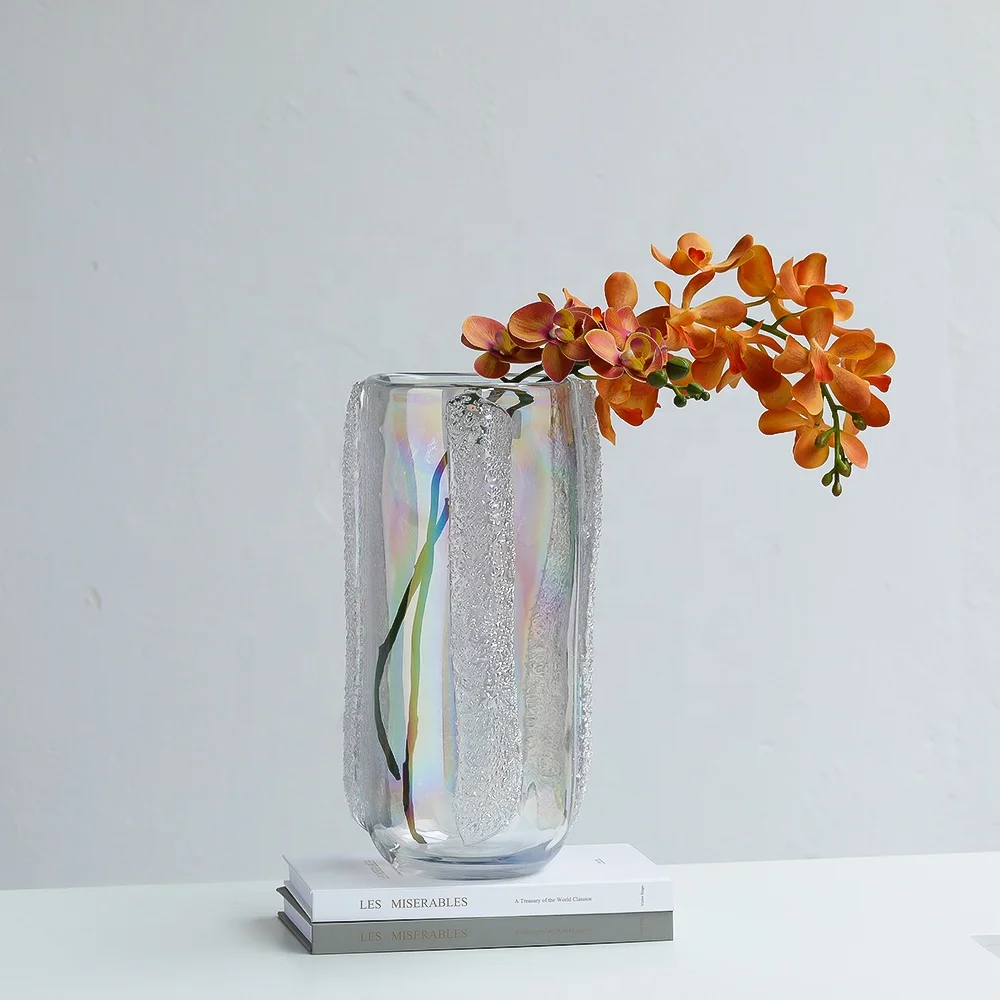 Bixuan Handblown Clear Glass Vase with Pearl Luster and Embossed Sprays Design Home Decor Table Centerpiece Thick Heavy Vases