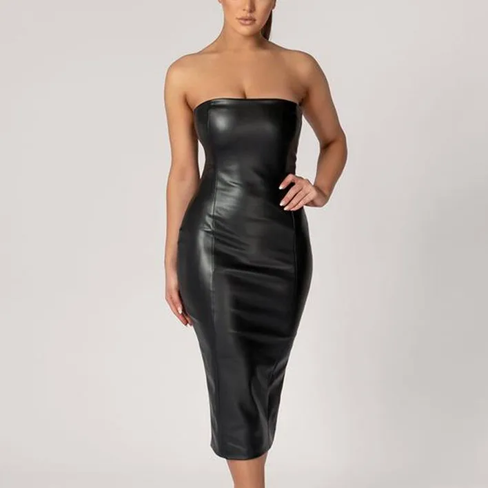 Women Fashion Fit Off Shoulder Sleeveless bodycon black leather tube dress
