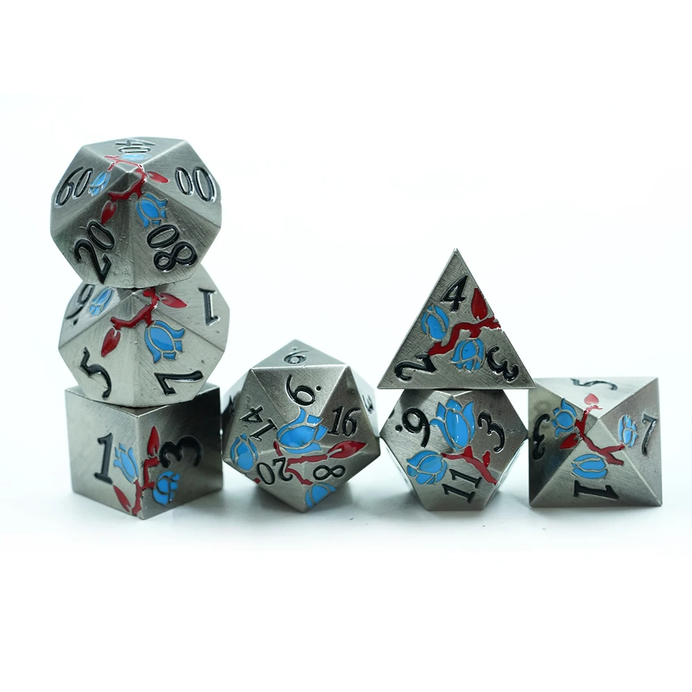 Newly Designed Electroplated Dungeons And Dragons 3 Color Rose Metal Dice For Role Playing Game