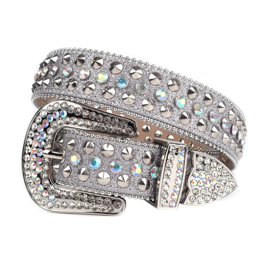 Sparkle High Level Luxury Argent Bling Bling Rhinestone Belt Diamond&Spike Studded Crocodile Leather Belt