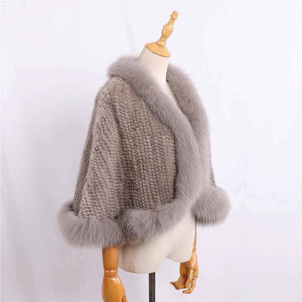 Luxury New Genuine Mink Fur Knitted Shawl Wrap Opera Cape Fox fur Trimming women Lady Poncho Wedding Opera Pashmina