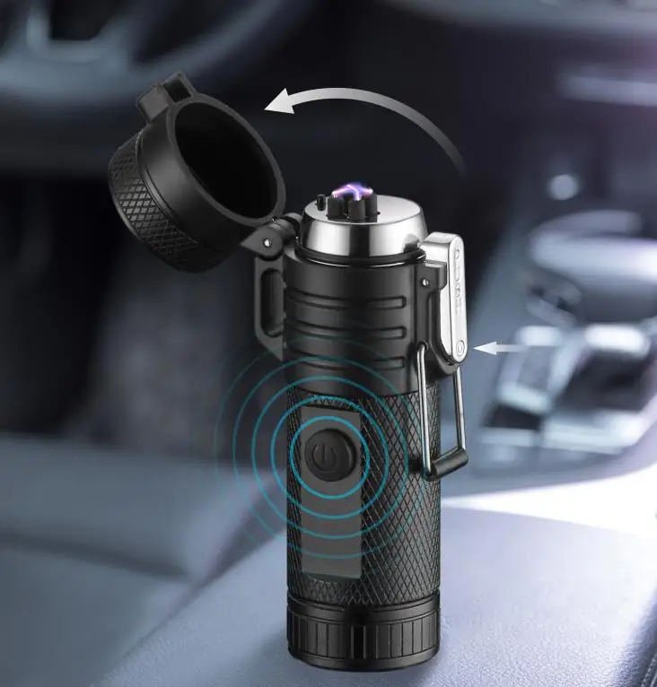 Electric USB Rechargeable Lighter Outdoor Camping Waterproof Windproof Self Glowing Smoking Lighter With Flashlight