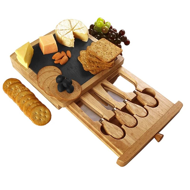 Charcuterie Board with Drawer  Natural Oak Cheese Cracker Platter Kitchen Cheese Board and Knife Set  Set Includes Cheese Slate