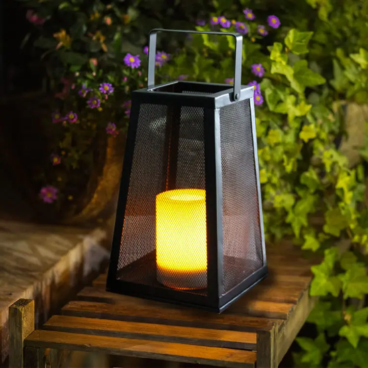 Hanko New Style Trapezoid Solar Powered Garden Decor Black Metal Led Candle Lantern Light