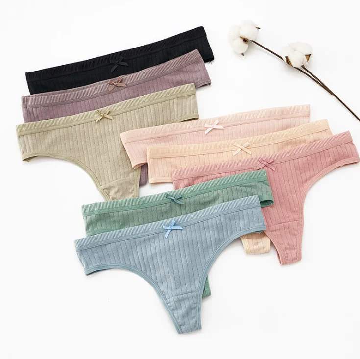 Ribbed Women Tanga Algodon Bow Panties Cotton Thong Underwear Tangas Para Mujer