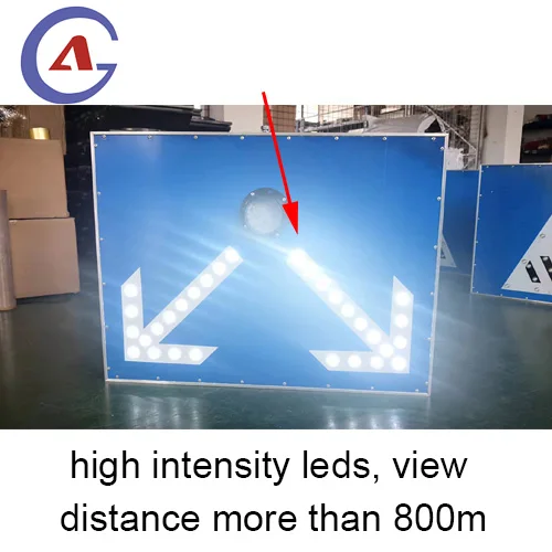 led flashing road sign one way street at left turn arrow blue white traffic sign