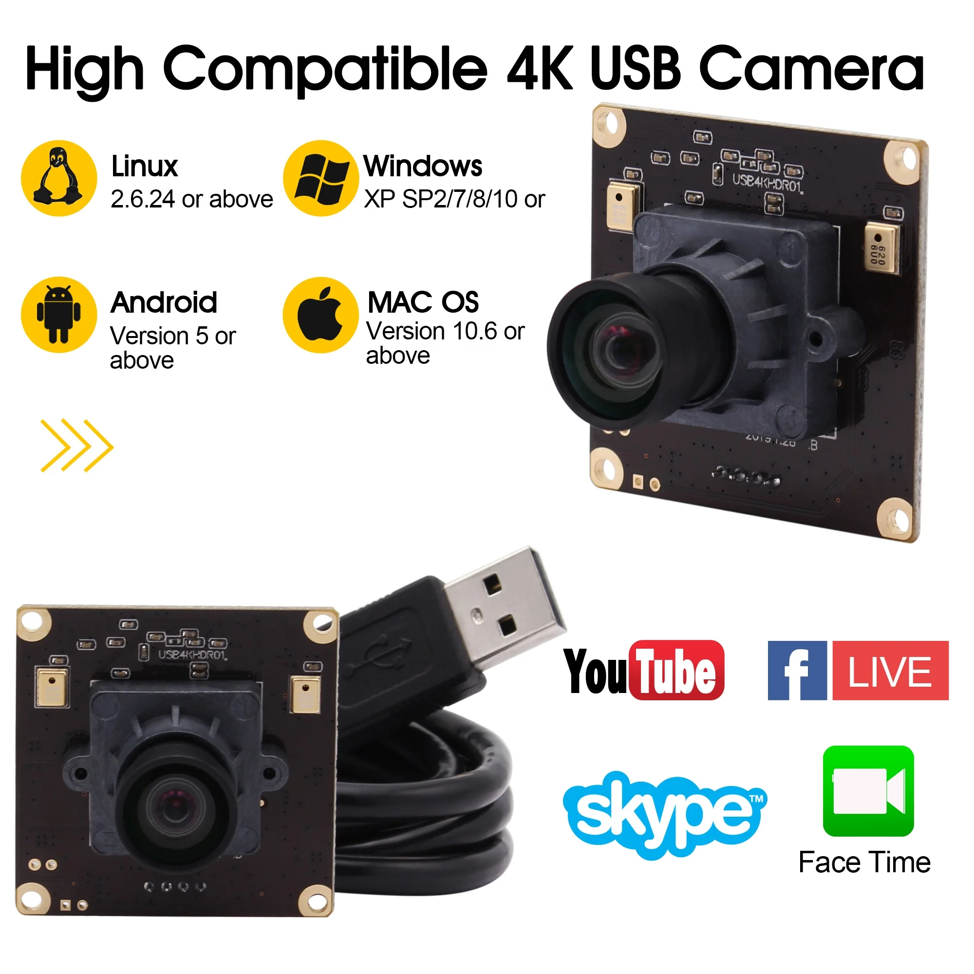  ELP 4K USB Camera with Microphone Ultra HD No Distortion Lens Module Sony Sensor Wide Angle