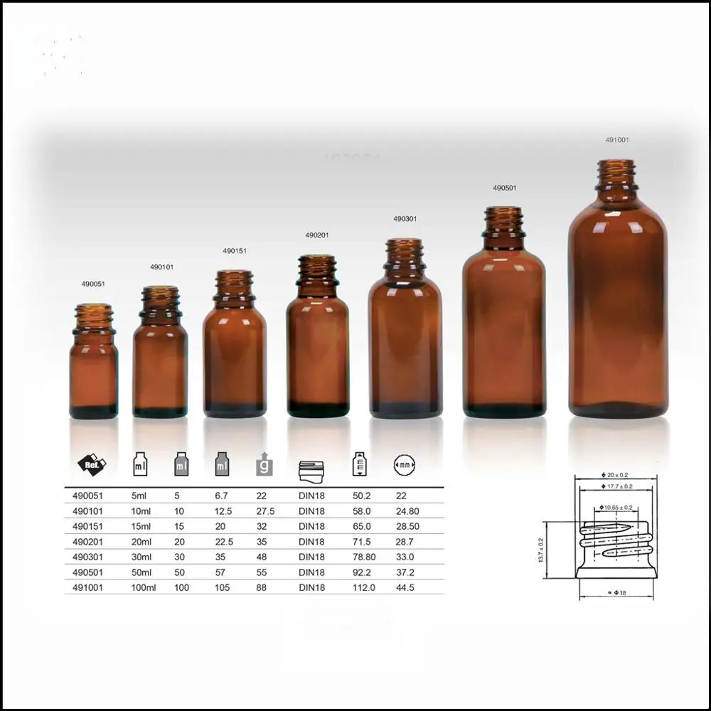 5 ml 10ml 15 ml 20 ml 30ml 50ml 100ml Euro Dropper Amber Essential Oil Glass Bottle with Tamper Evident Cap and Orifice Reducer