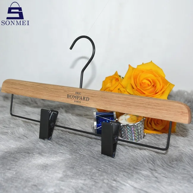 Movable luxury natural custom skirt trouser wooden hanger with clips
