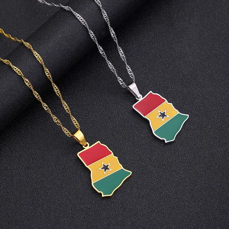 Wholesale Enameled Ghana Map Chain Necklaces Stainless Steel fashion Gold Plated Enamel Ghana National Flag Map Pendant Necklace