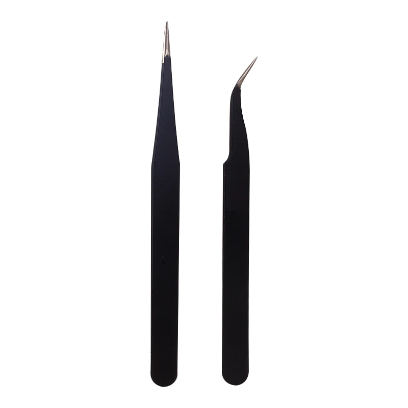 Anti Static Stainless Steel Black Nail Tweezers Curved Straight Eyelash Extension Elbow Clip Picking Rhinestones Tool Nipper