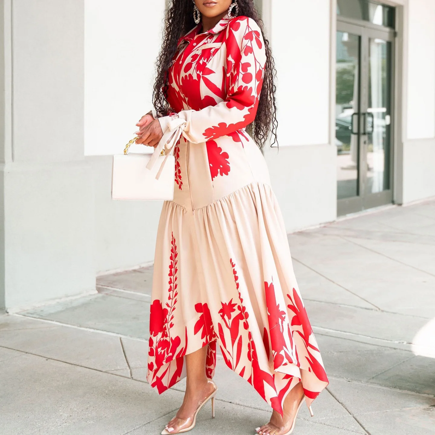 Summer new style fashion sexy lapel casual loose print irregular dress sleeveless elegant street plus size dress women clothing