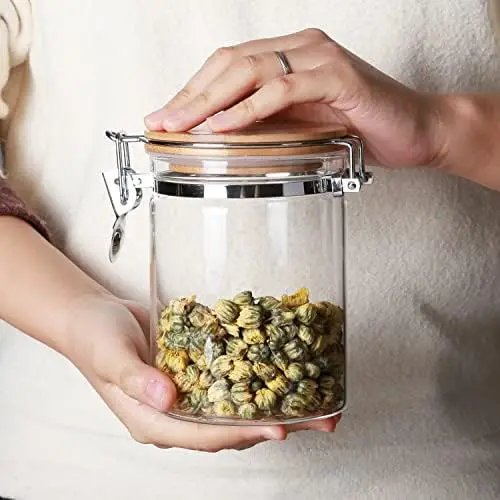 YOIOWE Home Luxury Kitchen Canisters Set 5-Piece Glass Food Storage Jars Bamboo Lids Metal Clasp Seal Steel Spice Parties