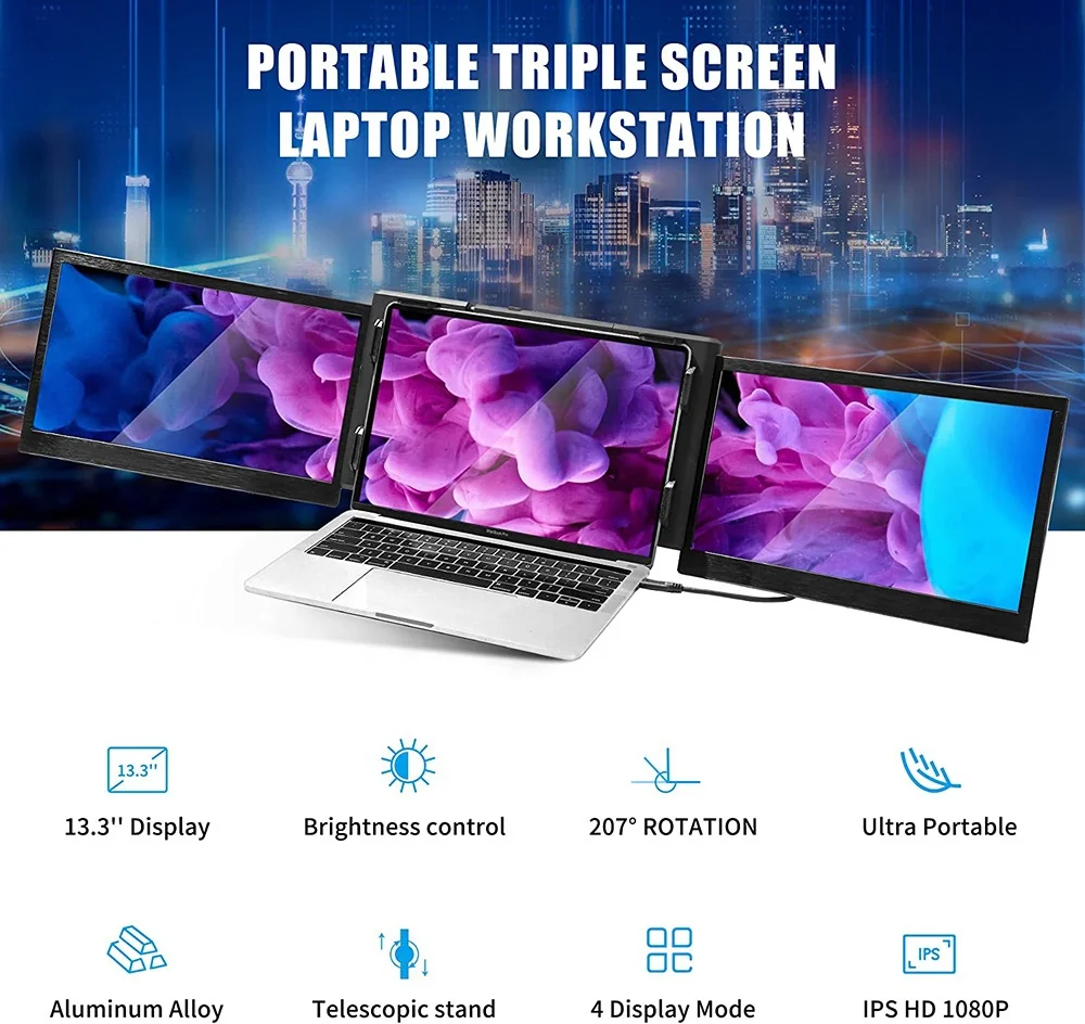 13.3 inch 16:9 FHD IPS Triple Laptop Screen Extender for Pad Triple Portable Monitor for Laptop Screen Extender
