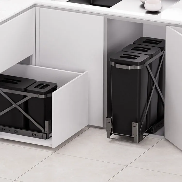 High Quality Eco Friendly Big Volume Kitchen Pull Out Soft Closing Plastic Waste Bin Mounted Concealed Storage Shelf