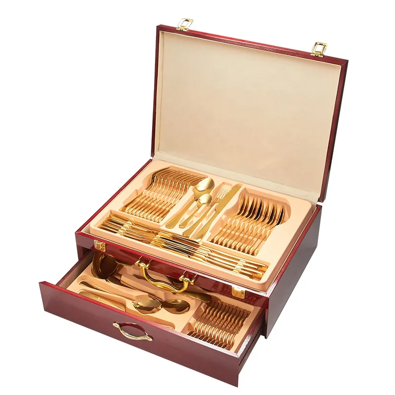 72 pieces stainless steel gold plated luxury cutlery set with wooden case 18/0 besteckset 72-teilig - gold