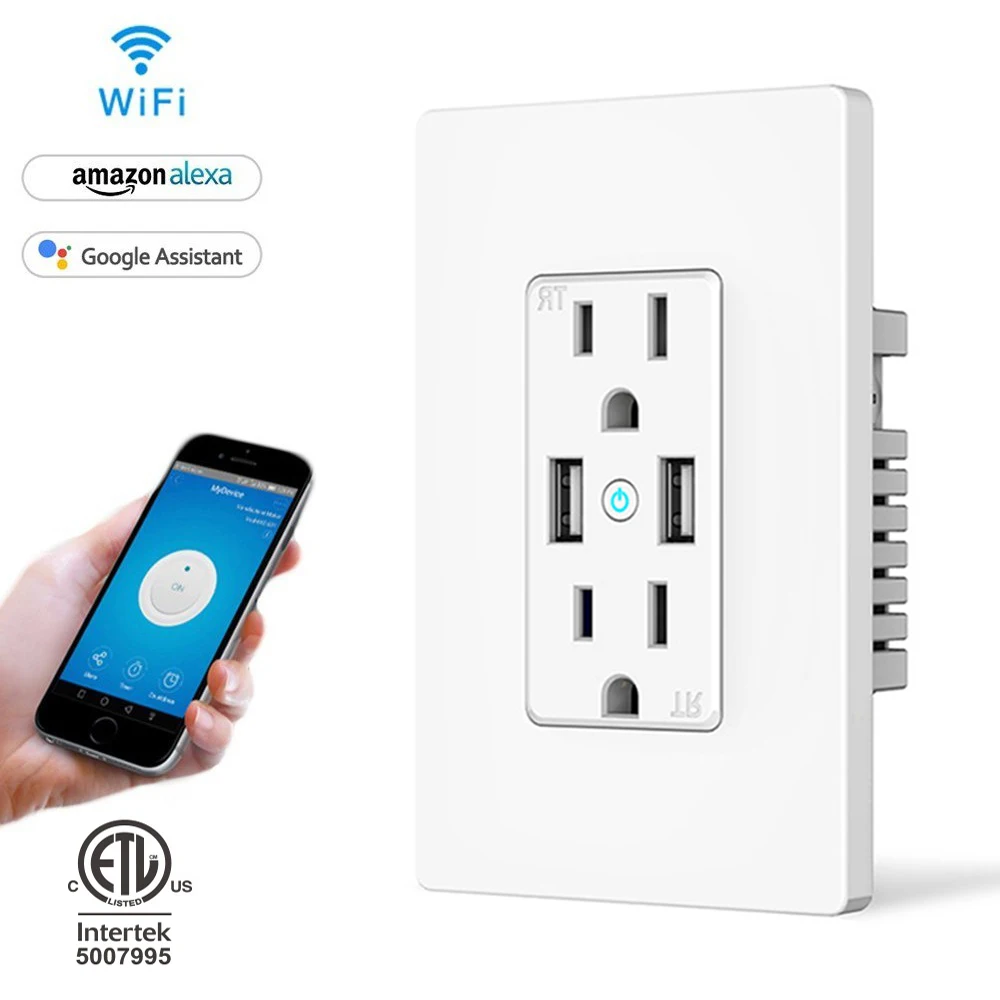 ETL Certificated Tuya Wifi Smart Outlet Socket Smart Wifi USB Wall Socket Works With Alexa Google Home and IFTTT