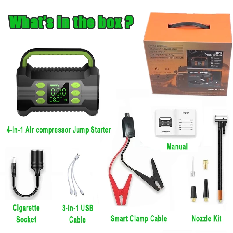 3000A power bank jump start 150PSI jumper starter 12V Car Battery Booster Pack car emergency jump start with air compressor
