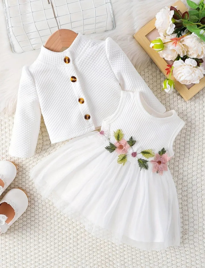 2025 Popular Infant Girls Suit Round Neck Embroidery Gauze Girls Dresses Puff Sleeve Jacket 2Pcs Girls Clothing Set