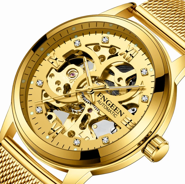 Men Luxury Automatic mesh belt mechanical watches waterproof luminous diamond double-sided hollow tourbillon Custom Logo