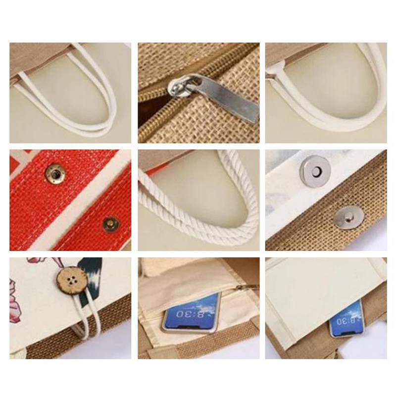 Digital Print Jute Coated Canvas Shopping Bags Recycled Personalised Zipper Customized Burlap Tote Bag