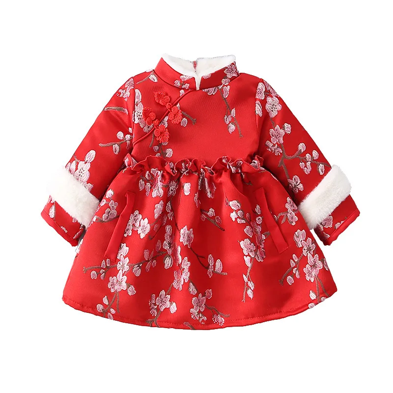 
Fashionable Chinese style baby girls winter warm fur jacket Snow Suit with embroidered flower decoration 