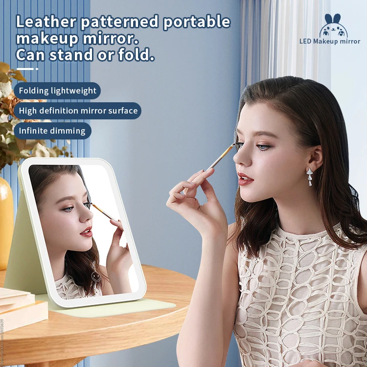 Unbreakable Stainless Steel Rectangular Tiny Pu Frame Handheld Pocket Makeup Mirror With Led Light