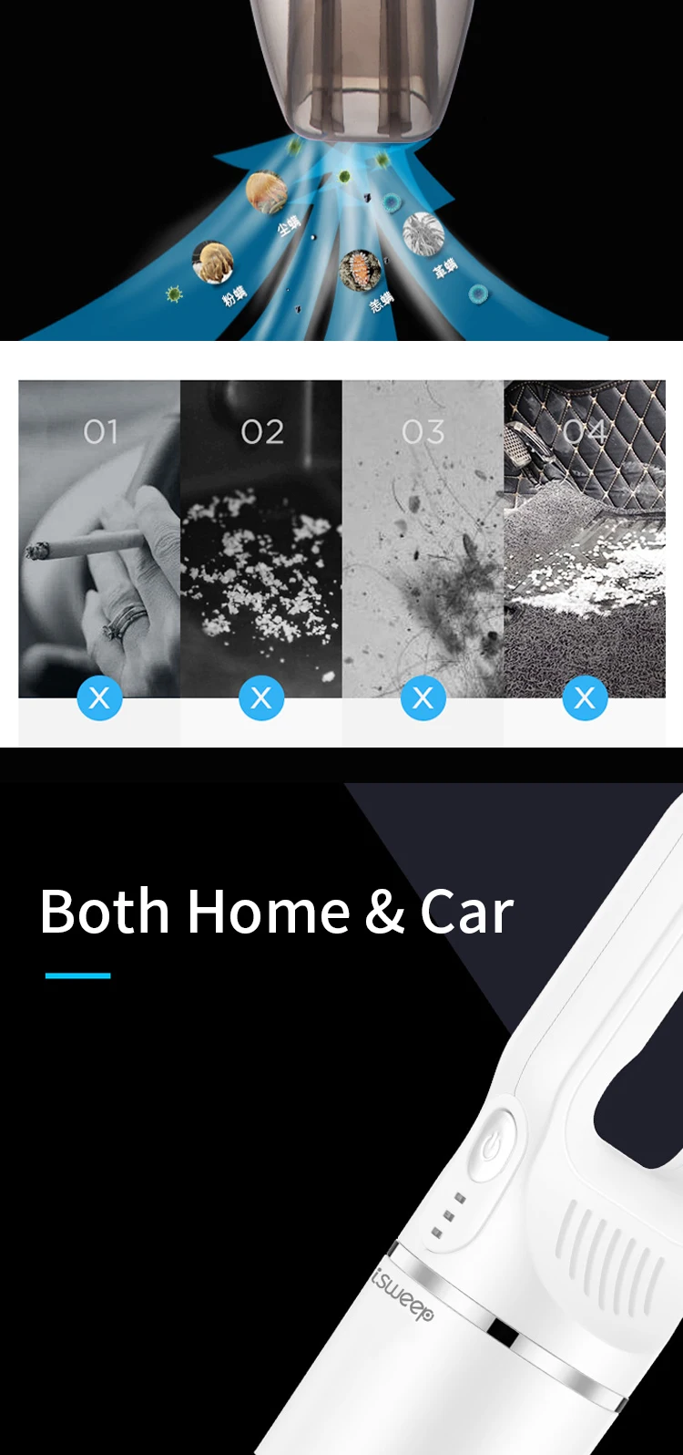 Cordless Handheld Stick Vacuum Cleaner Portable Cleaning Mop Cleaner Car Charger Bag Motor PSE Mold Power Battery Time Living