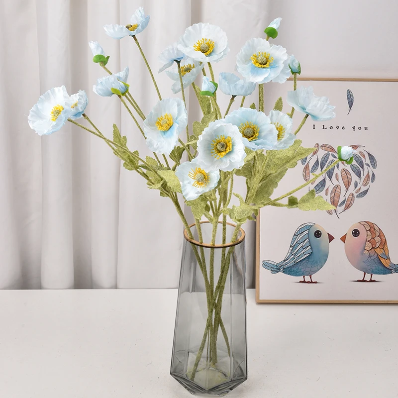 high-end simulation poppy flower wedding decoration table flower Home Colorful Flocked Stem Silk Artificial Corn Poppy Flower