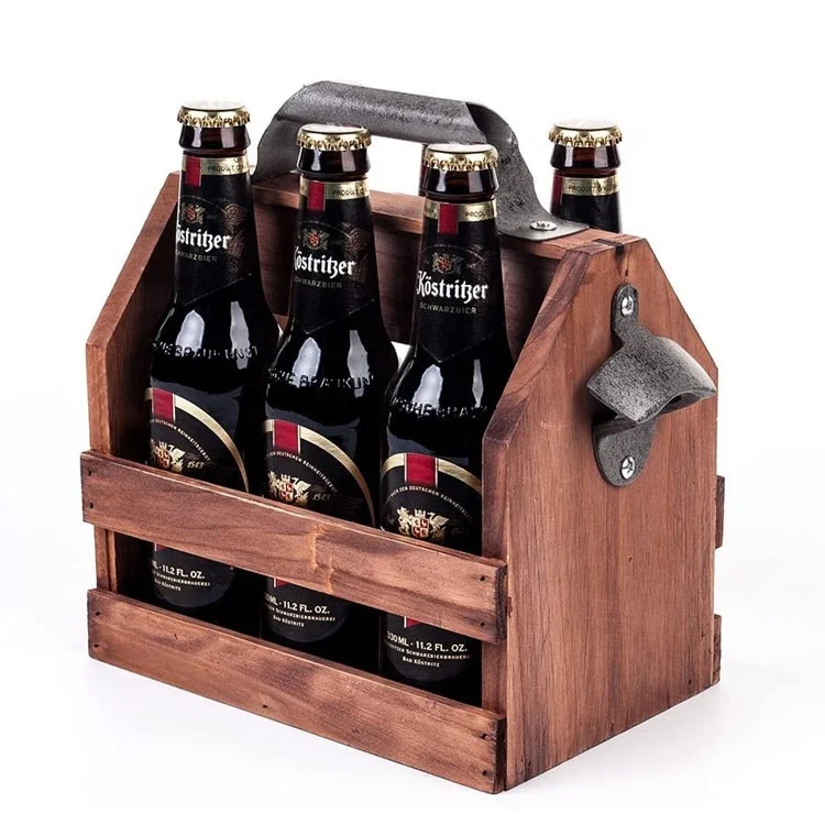 Wholesale Custom Wine Rack Wooden 6 Pack Beer Bottle Carrier With Bottle Opener