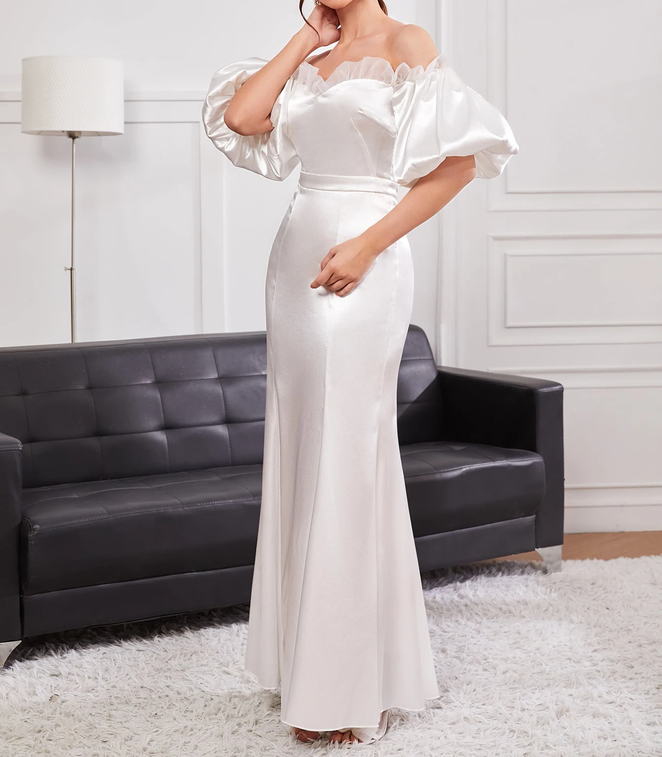 OEM Custom Women Off The Shoulder Lantern Short Sleeve Ruffle Details Fit and Flare Satin Maxi Dress