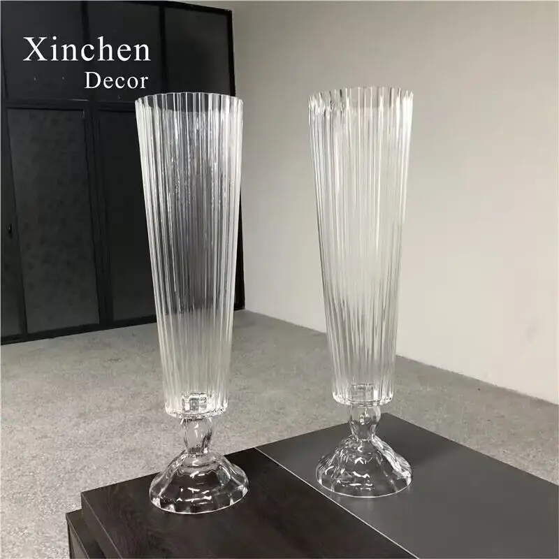 Hot sale 7.87*29.92 inch Cylinder stripping pattern Glass Vase Clear Crystal Tall Vase Wedding Centerpiece flower arrangement