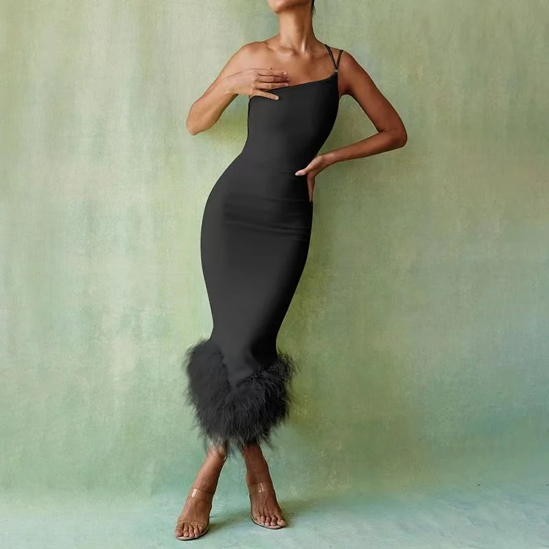 Autumn Sexy One Shoulder Sleeveless Bodycon Long Feather Dresses New Designs Fashion Women Dresses
