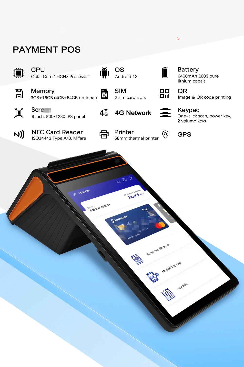 8 Inch Terminal de Punto De Venta Android 12 Handheld Payment Terminal Pos