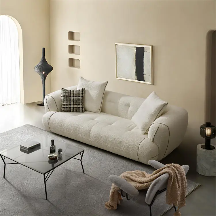 Minimalist Interior Design Nordic Modular Sofa 3 Seaters Couch Velvet Boucle Fabric Sofa White Sofa Set Living Room Furniture