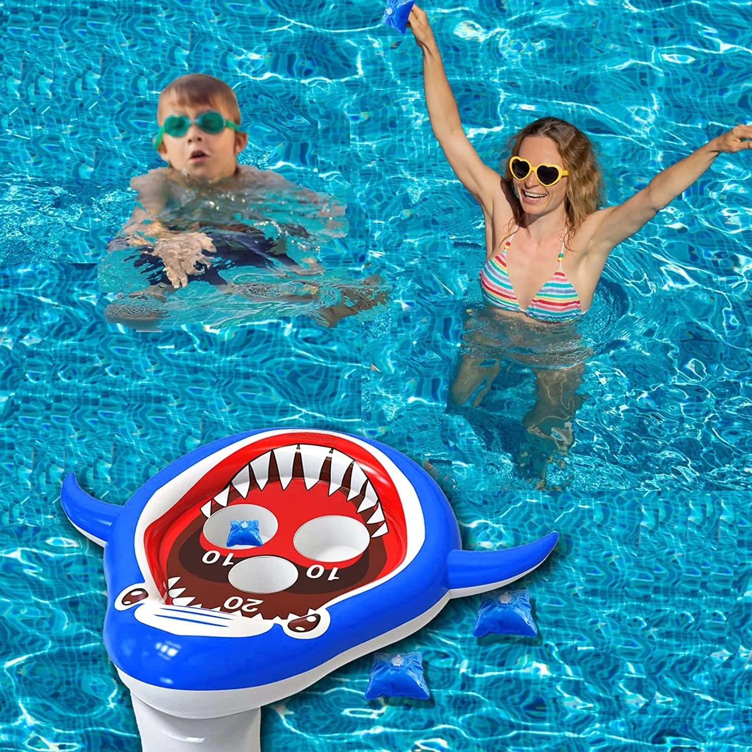 Inflatable Shark Swimming Pool Toys Floating Toss Game for Family Cornhole Bean Bags for Pool Party Water Outdoor Toys