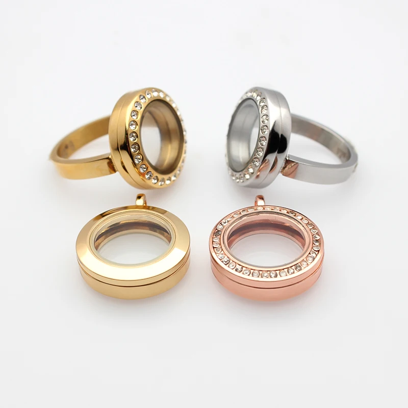 Wholesale 20mm Stainless Steel Glass Locket Ring Medallion Floating Locket Fit Living Memory Charms Ashes Necklace KeyChain Gift