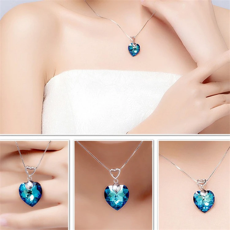 Fashion Trend Crystal Pendant Blue Heart of the Sea Necklace Jewelry Plating Alloy Ladies Silver Necklace
