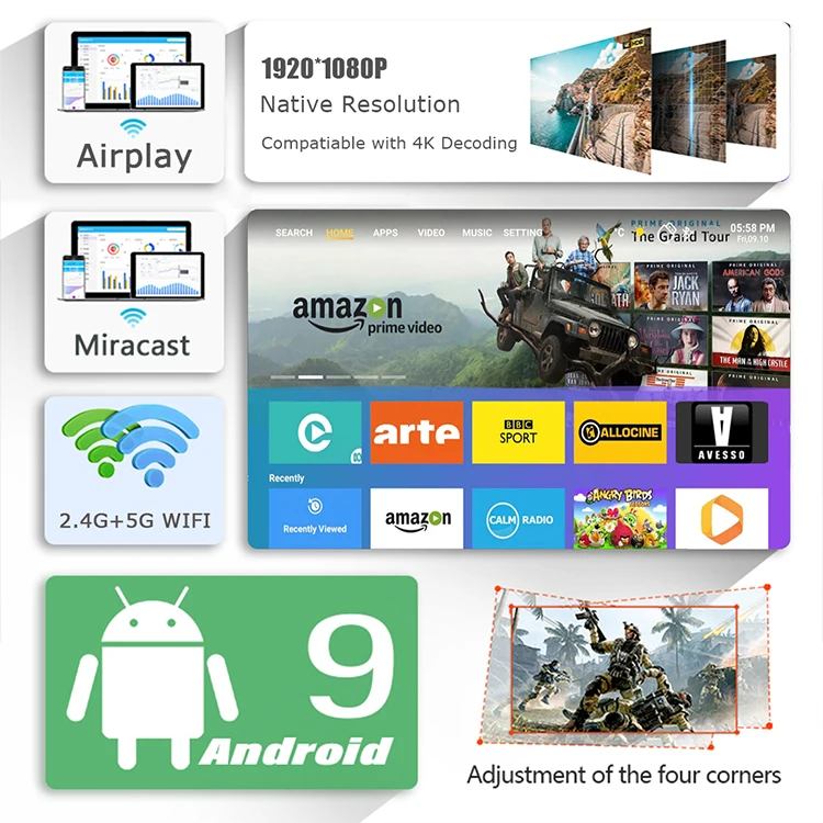 Factory Wholesale Lcd Projector Android 9.0 OS 300 Ansi Lumens Big Screen 1080p Home Theatre smart Projector