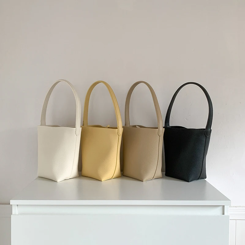 seshine design new minimalist solid color tote bag large-capacity soft pu leather handbag bucket bag