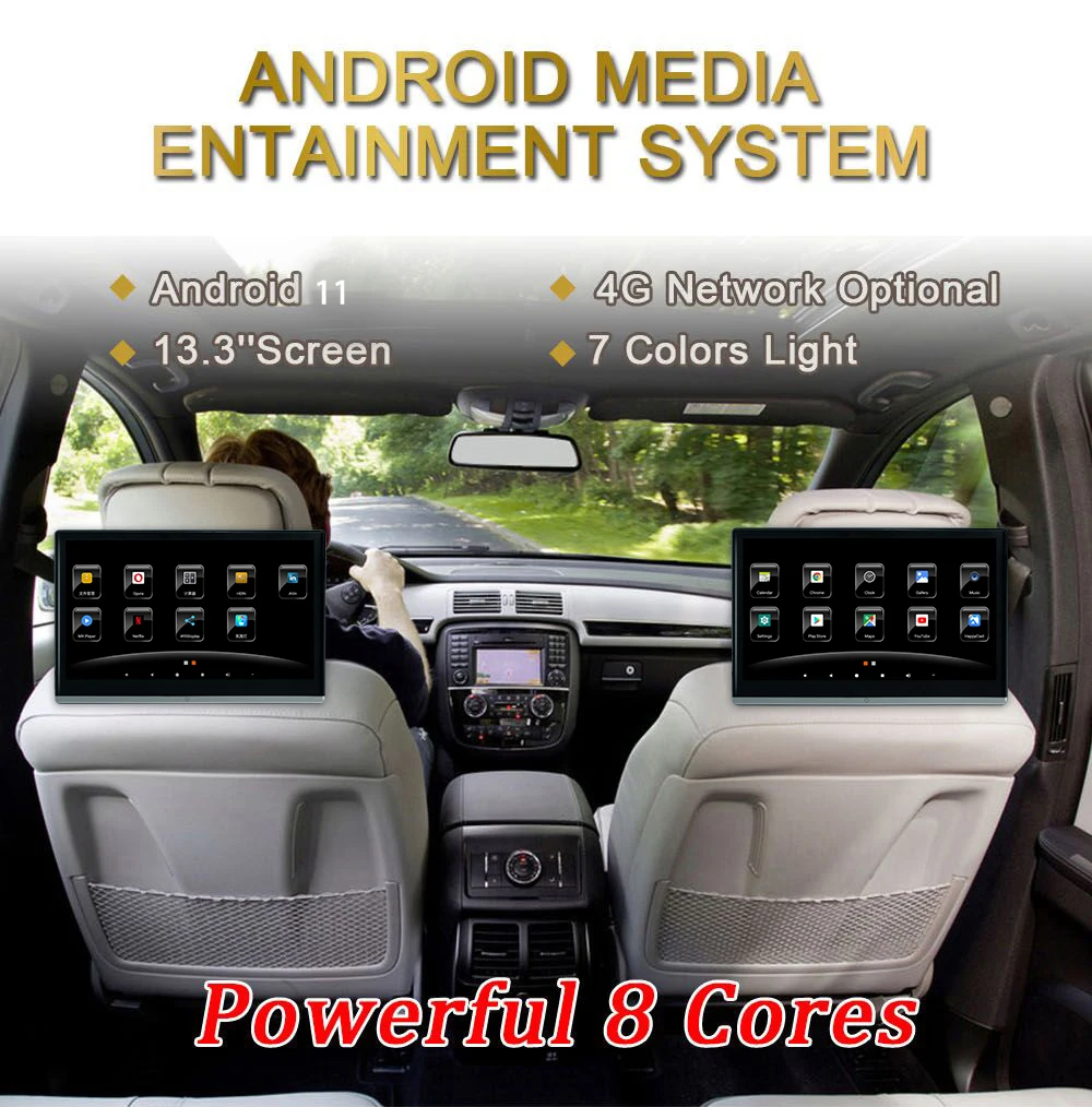 1338A Headrest Monitor 13.3 Android 11 4K Screen Smart TV Car Android Headrest Monitor