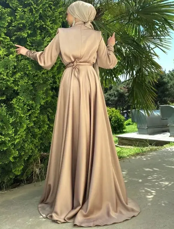 Low Price Muslim Wear Manufacturers Muslim Satin Modest Dress Wedding Party Prom Maxi  Evening Dress