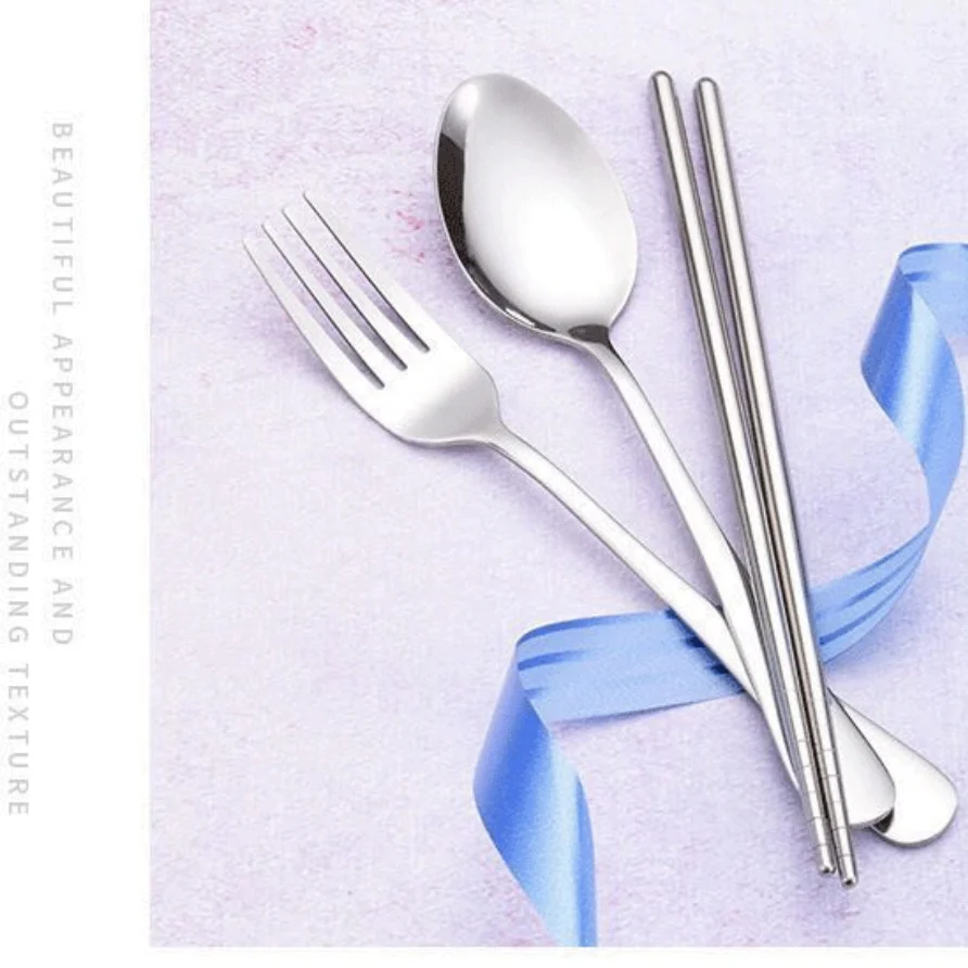 Nordic 3Pcs 410 Stainless Steel Student Flatware Travel Outdoor Portable Chopsticks Spoon Fork Cutlery Set