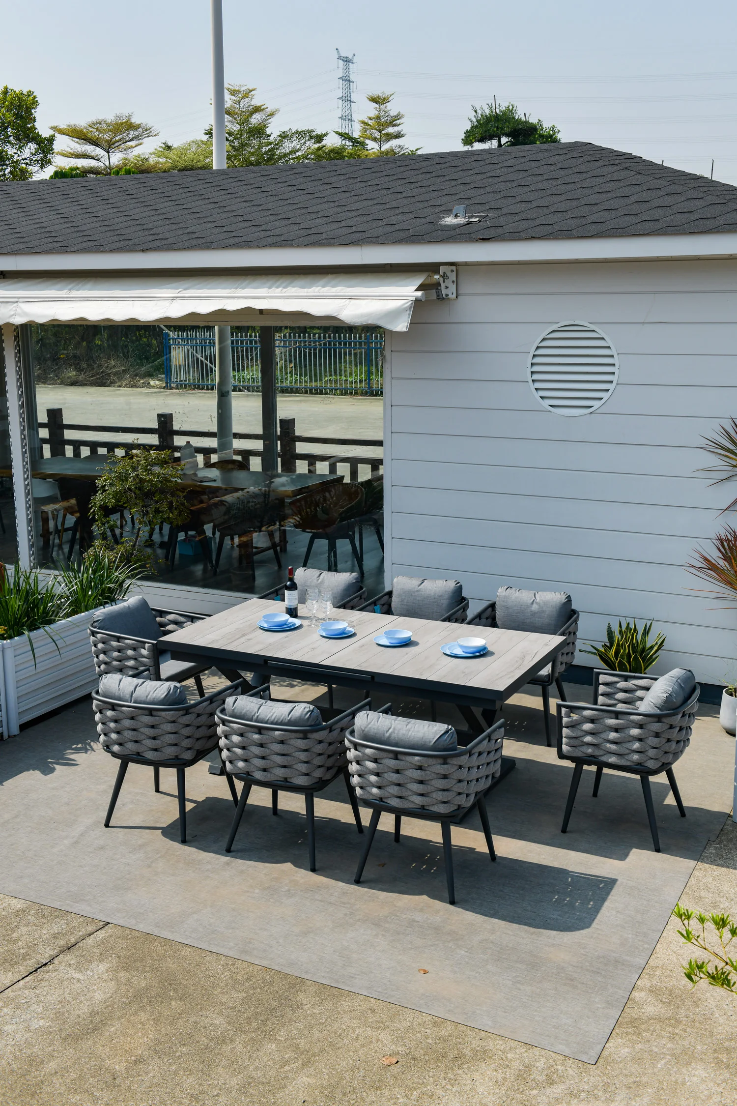 Выдвижной расширяющийся на 203-163 см 8 человек керамический верх алюминиевая рама садовый обеденный стол веревка ротанговый стул набор уличной мебели