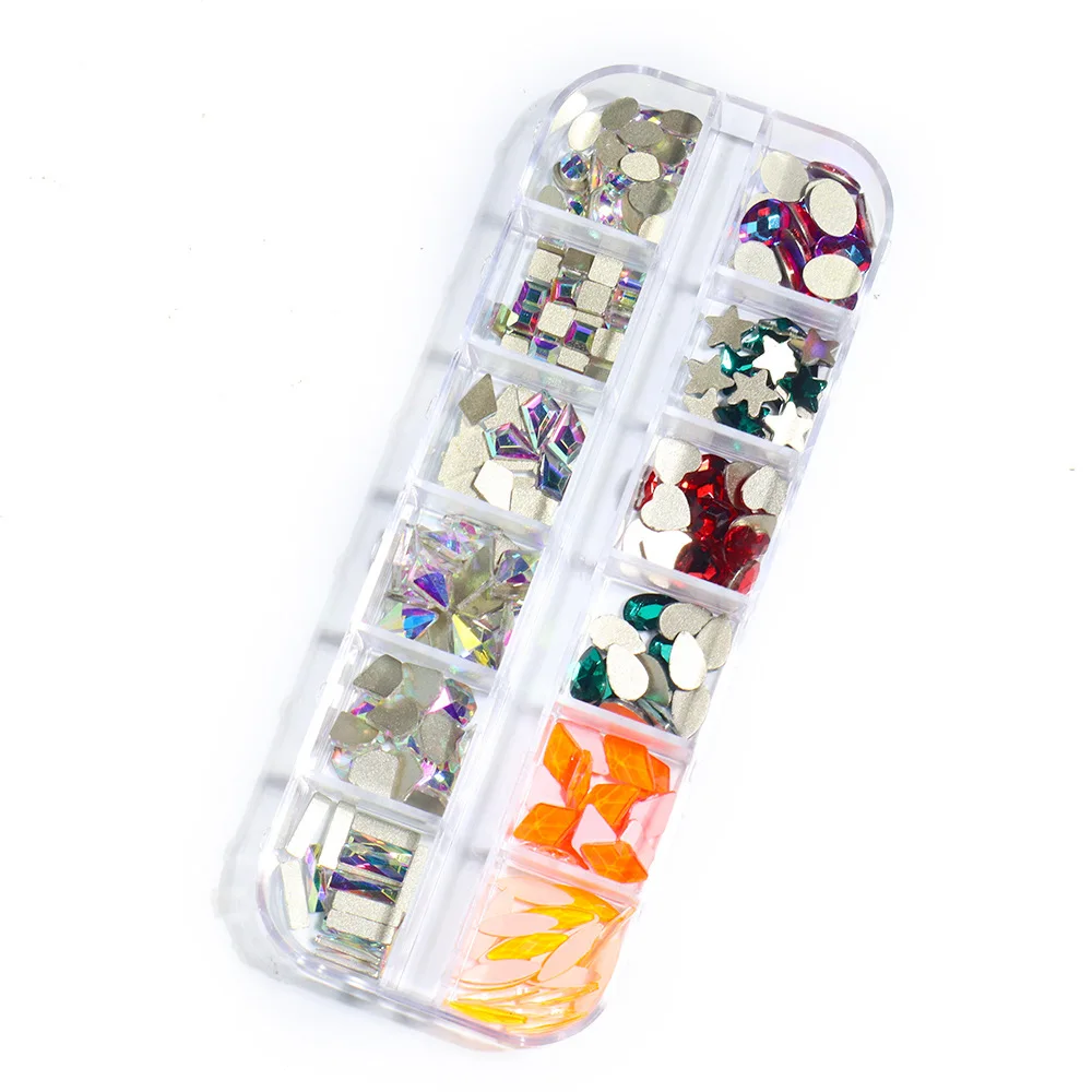 New product 12 grid boxed AB color special-shaped nail polish glass flat bottom rhinestone nail stickers DIY jewelry accessories