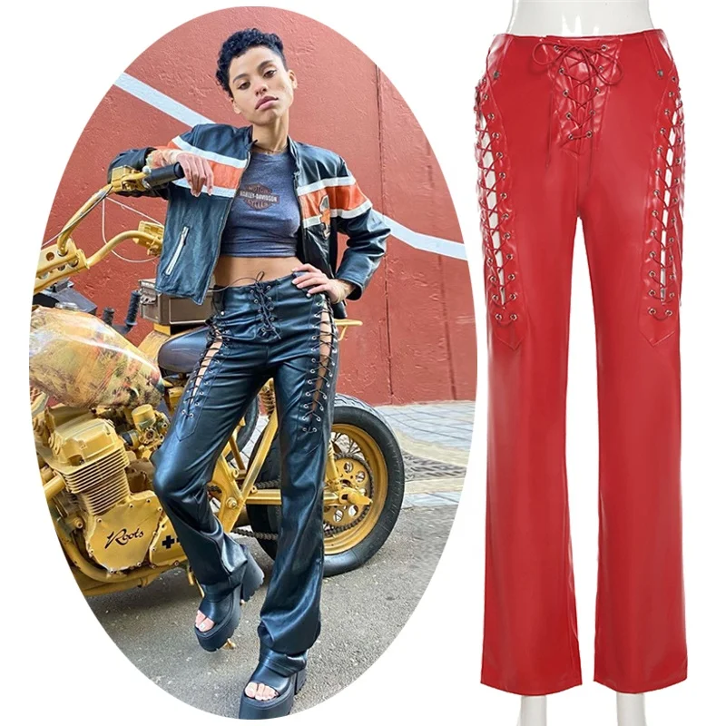 Womens Lace Up PU Leather Pants Goth Cross Hole Trousers Bandage Hollow Out Leggings Y2K White Tights Black Pants