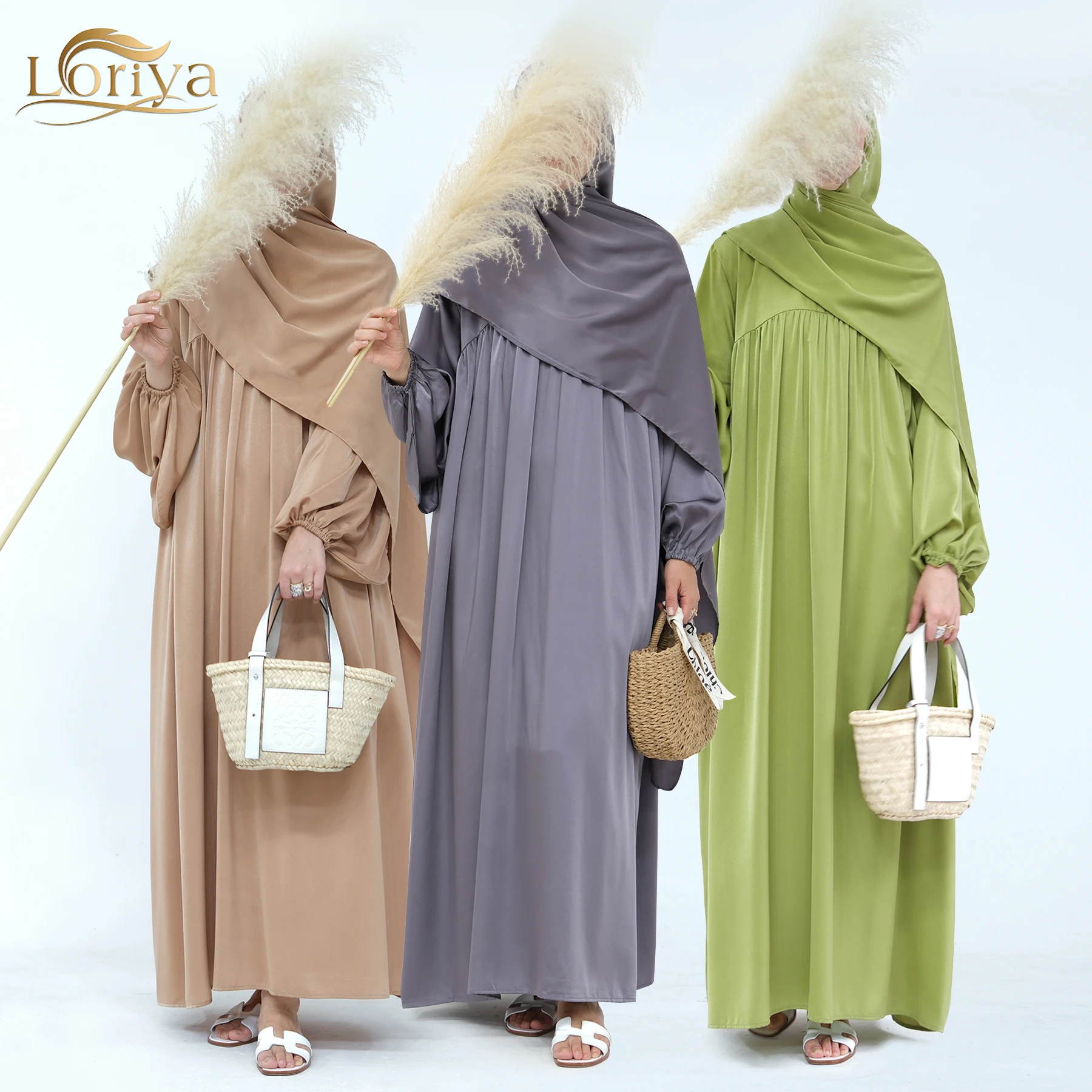 Loriya 2023 Islamic Clothing 2pc Set Satin Girls Plain Modest Abaya Muslim Hijab Dress Women Abaya Dubai Casual Dresses