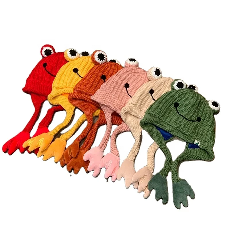 Women Girls Custom Woven Logo Funny Frog Pattern Chunky Acrylic Knitted Hat with Ears and Leg